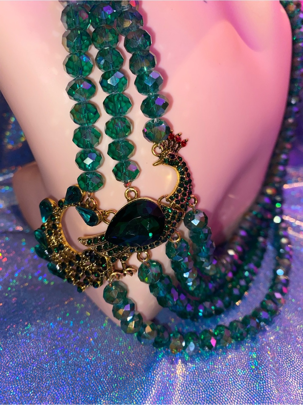 Gold Peacock Multi-Strand Austrian Crystal Beaded necklace in goldtone